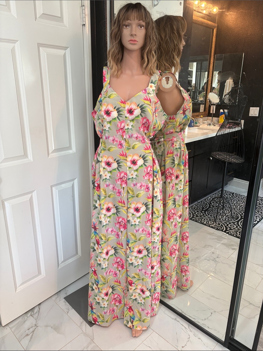 Pinup tiki Floral Maxi jumpsuit in Sage with Pink Bloom tropical